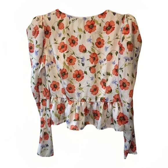 Forever 21 Womens Floral Satin Puff Sleeve Peplum Top Sz L Fairy Feminine - Picture 7 of 12